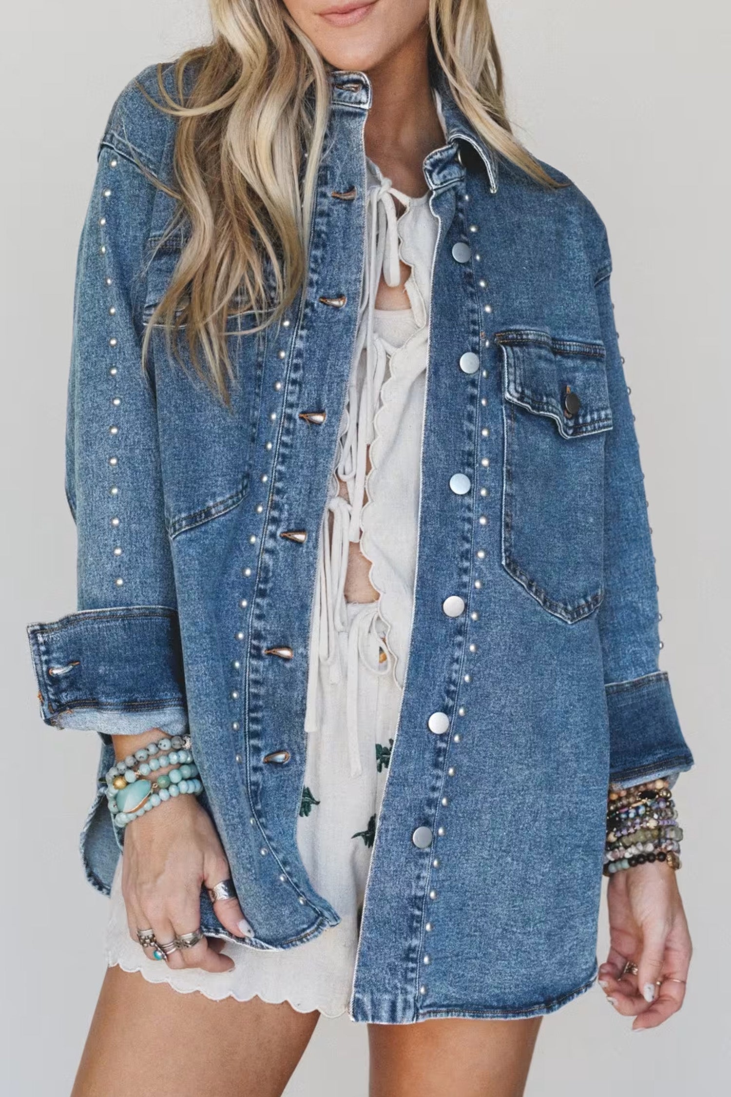 Rivet Sail Blue Embellished Western Style Timeless Fit Denim Jacket