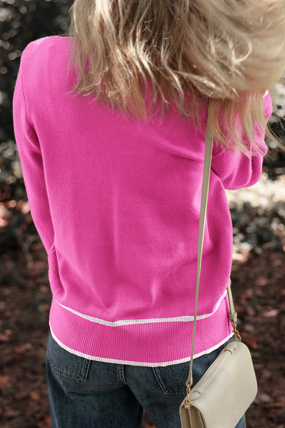 Bright Pink Color Contrast Side Pockets Button V-Neck Cardigan
