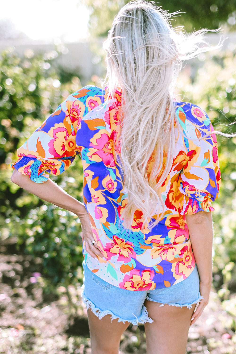 Women's Blouse with Floral-Print Split Neck Frill-Trimmed