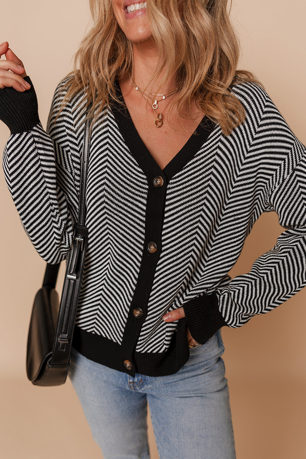 Stripe Button-Front Herringbone Cardigan in Black White