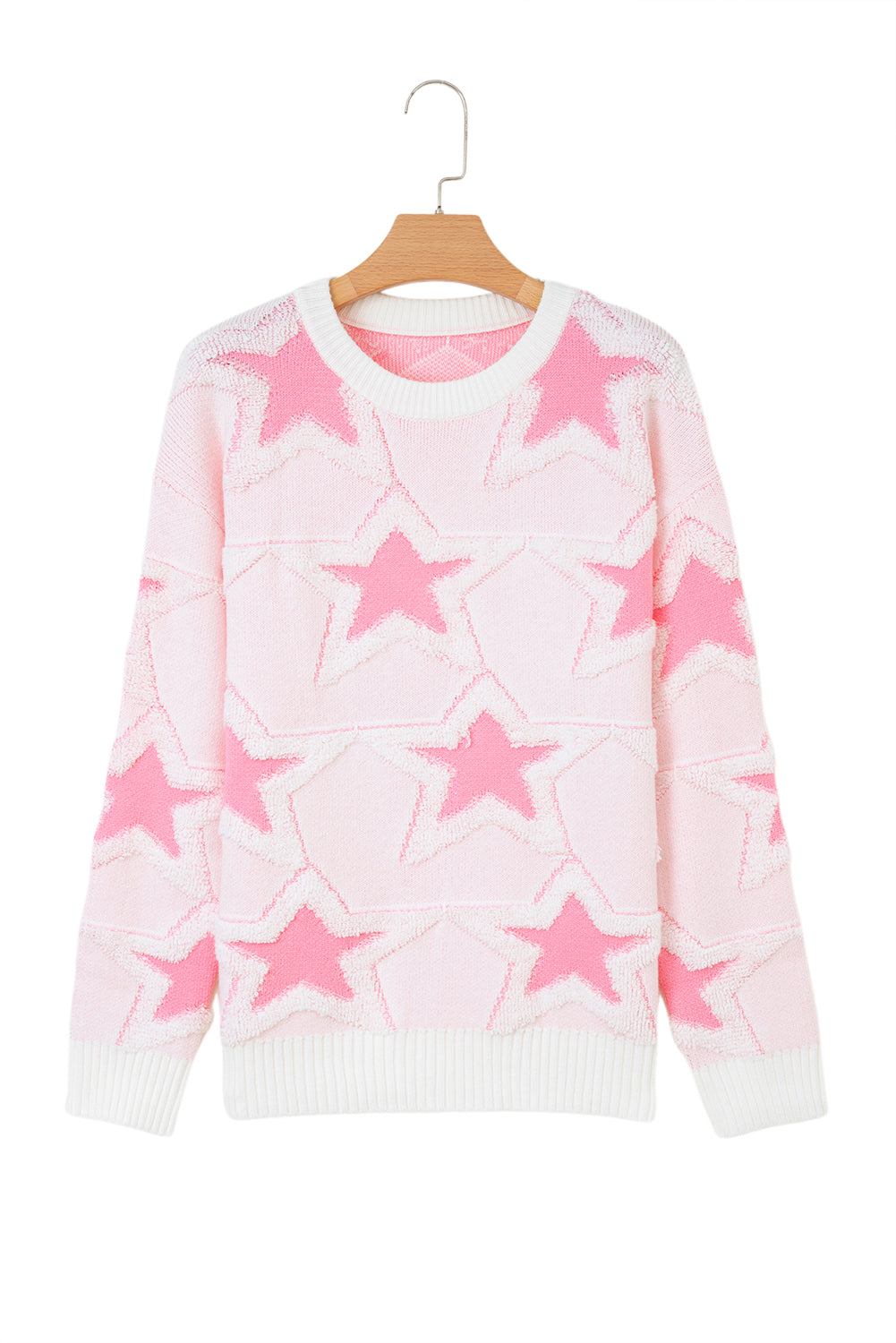 Roomy Cute Star Pattern Rib-Knit Edge Drop-Shoulder Knit Top