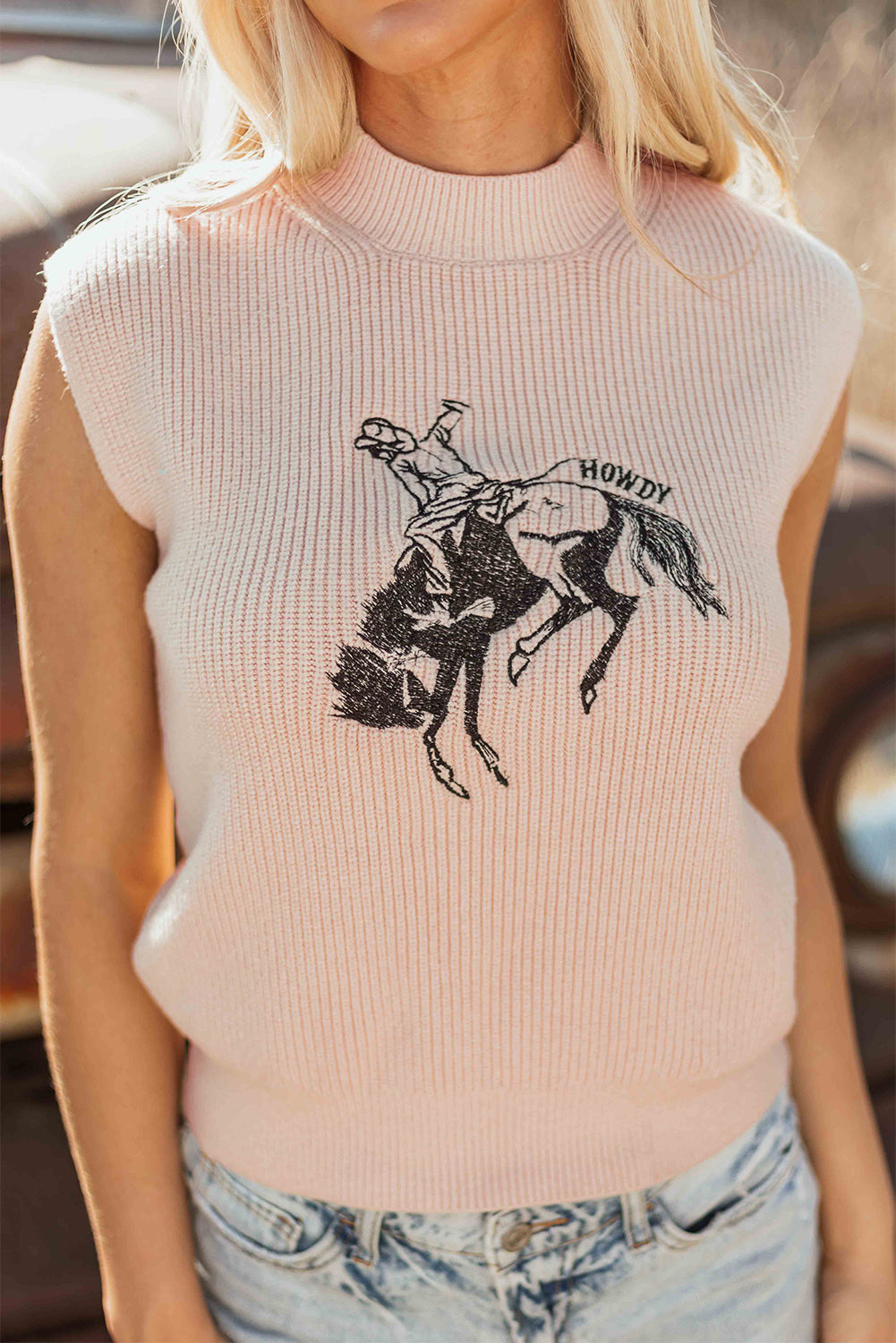 Cowboy HOWDY Rodeo Graphic High Neck Short-Sleeved Knit Top