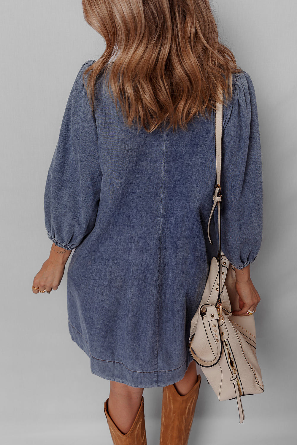 3/4 V-Neck Sleeve Tied Pleated Denim Mini Dress