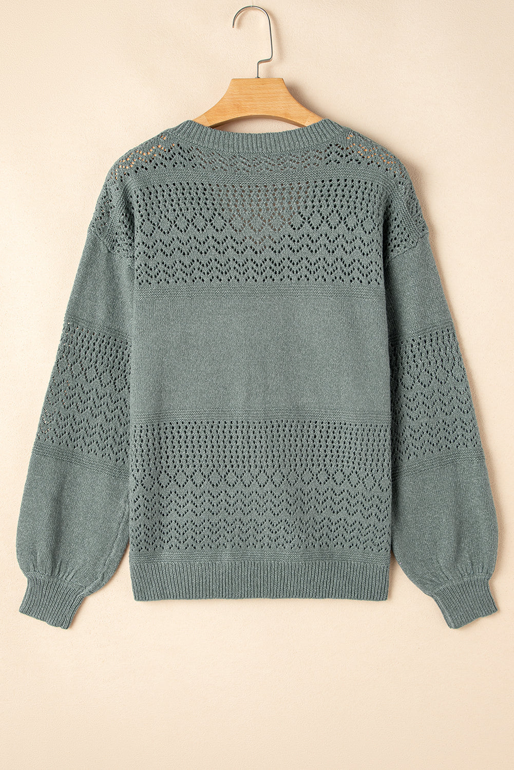 Mist Green Eyelet Pattern Detail V Neck Drop Shoulder Sweater