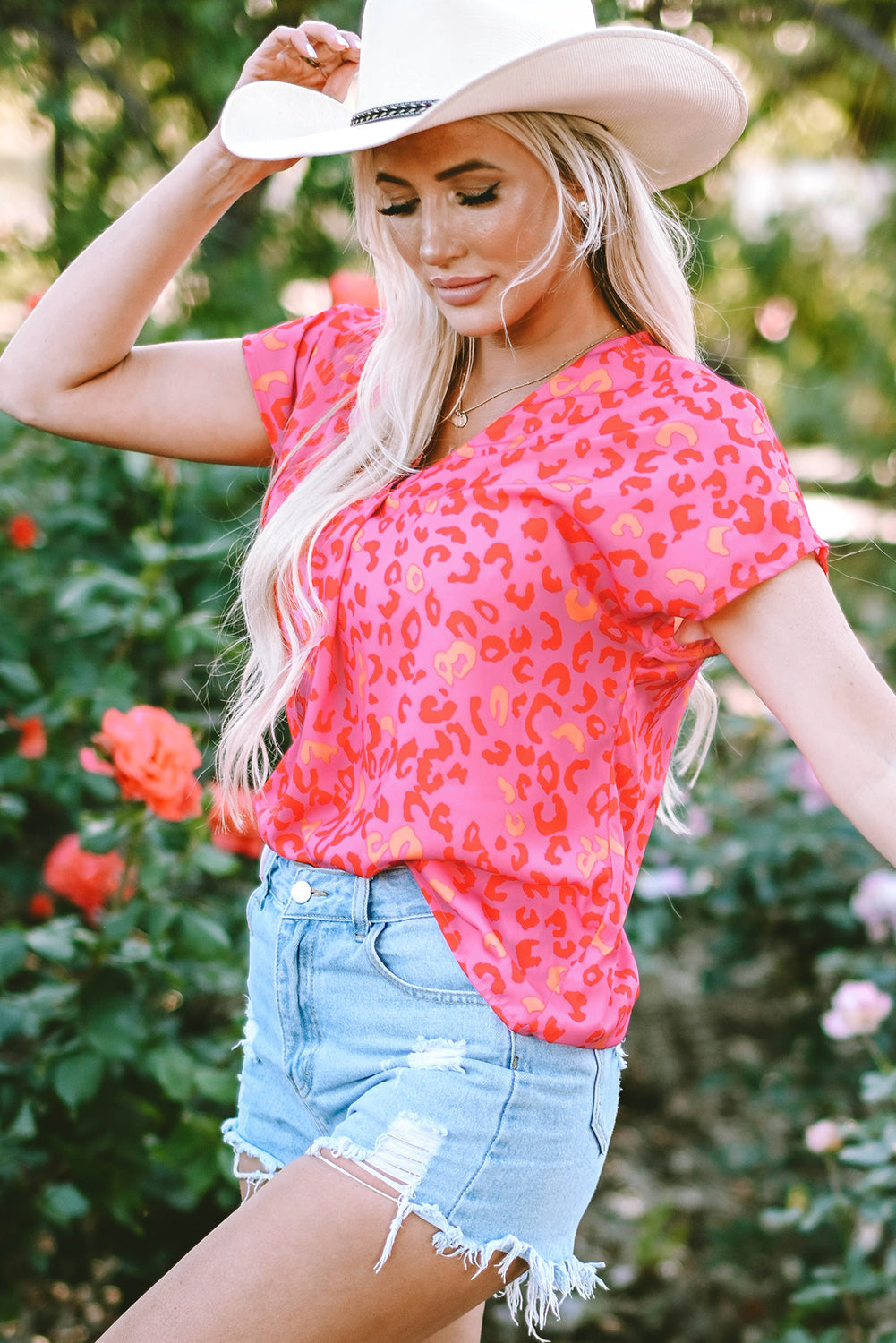 Women's Blouse Featuring Short-Sleeve Leopard-Print V Neck