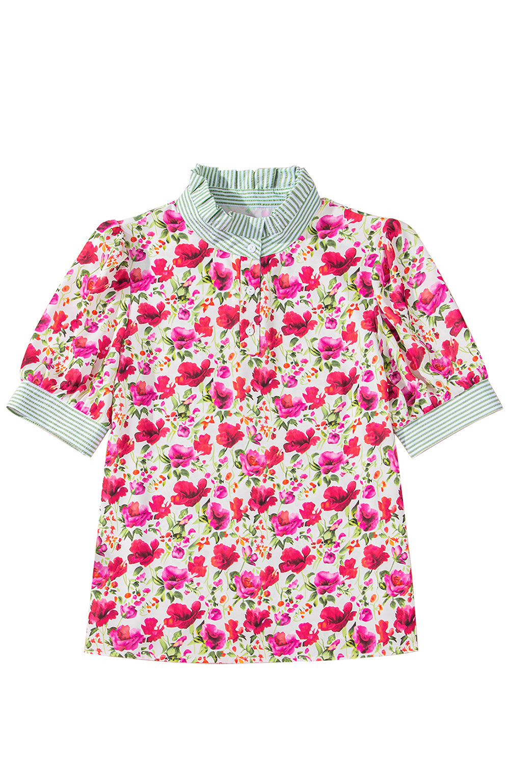 Floral-Print Collared Striped Patchwork Short-Sleeved Blouse