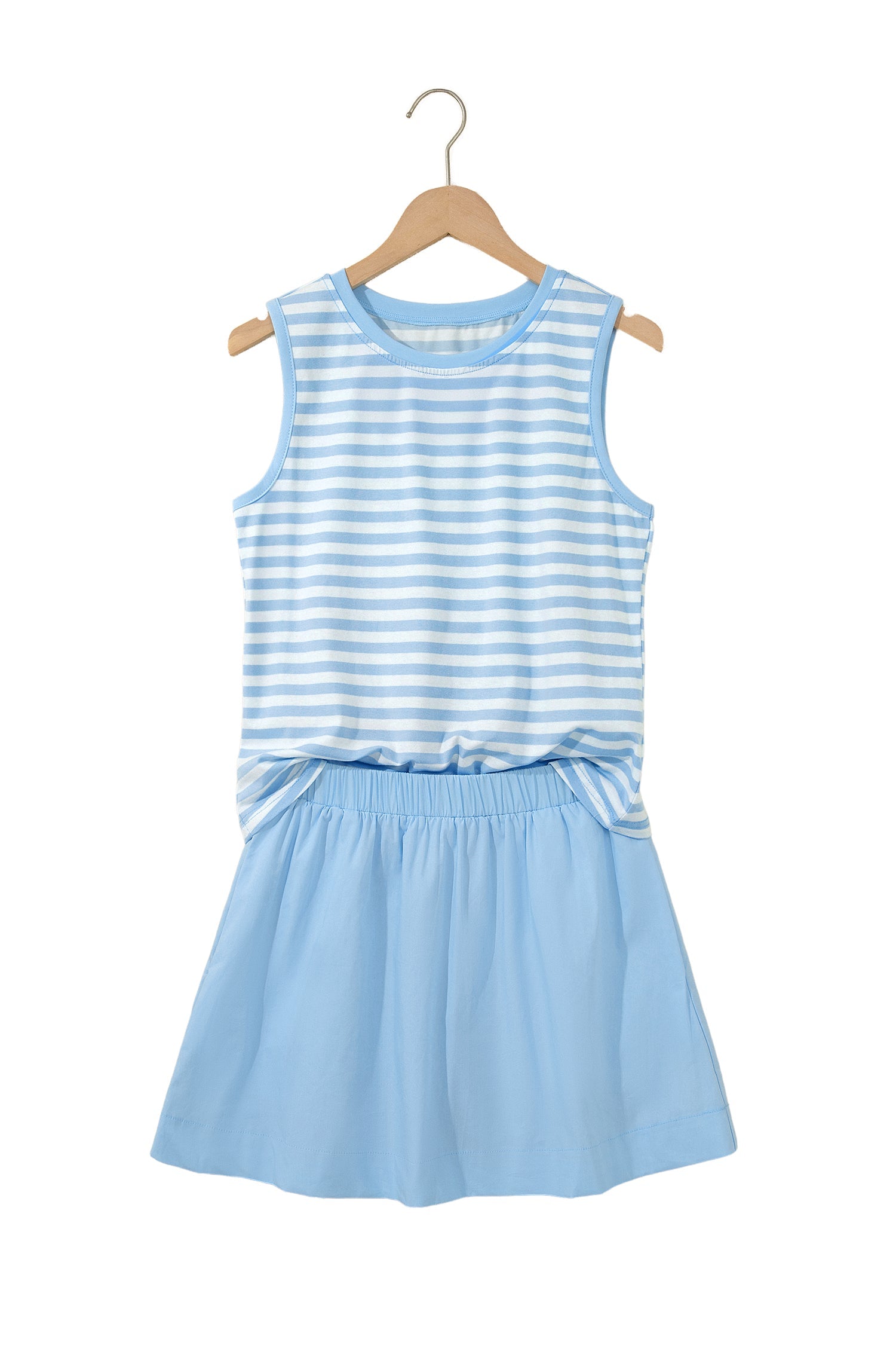 Cute Sky Blue Stripe Slim Tank Contrast Ruffle Mini Skort Set
