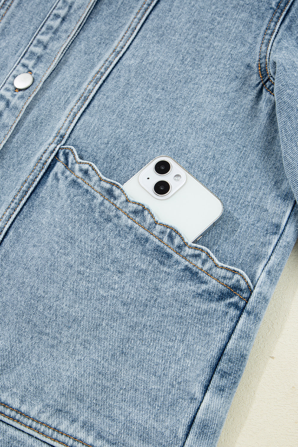 Scallop Patched Trim Collar Pocket Button-Front Denim Jacket