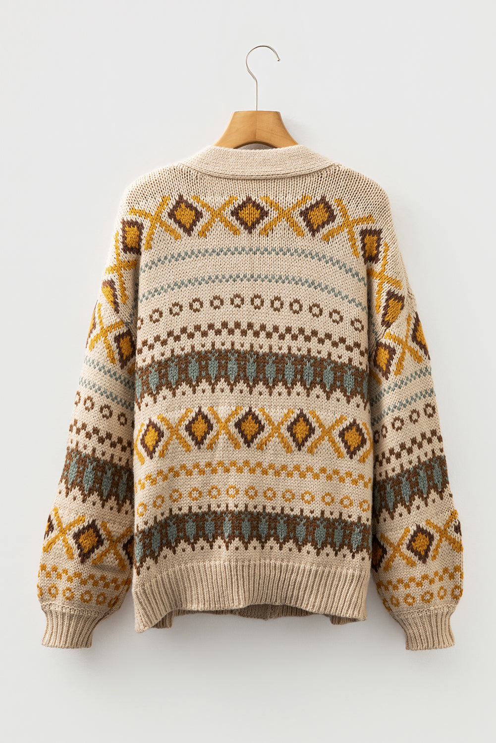 Pattern Knit Western Knit Button V-Neck Cardigan Knit Top in Khaki