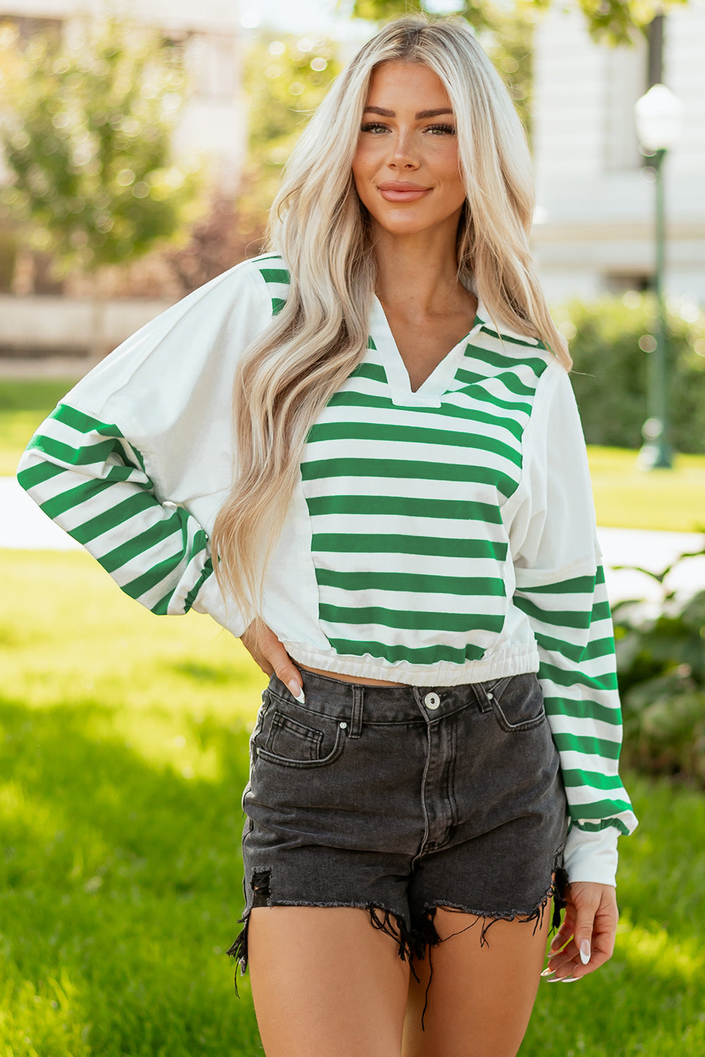 Collared V-Neck Colorblock V-Neck Cropped Knit Pullover
