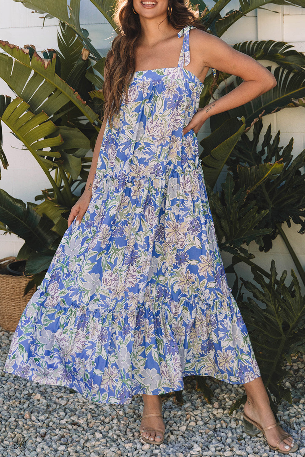 Floral Print Self-tie Straps Flowy Ruffle Long Dress