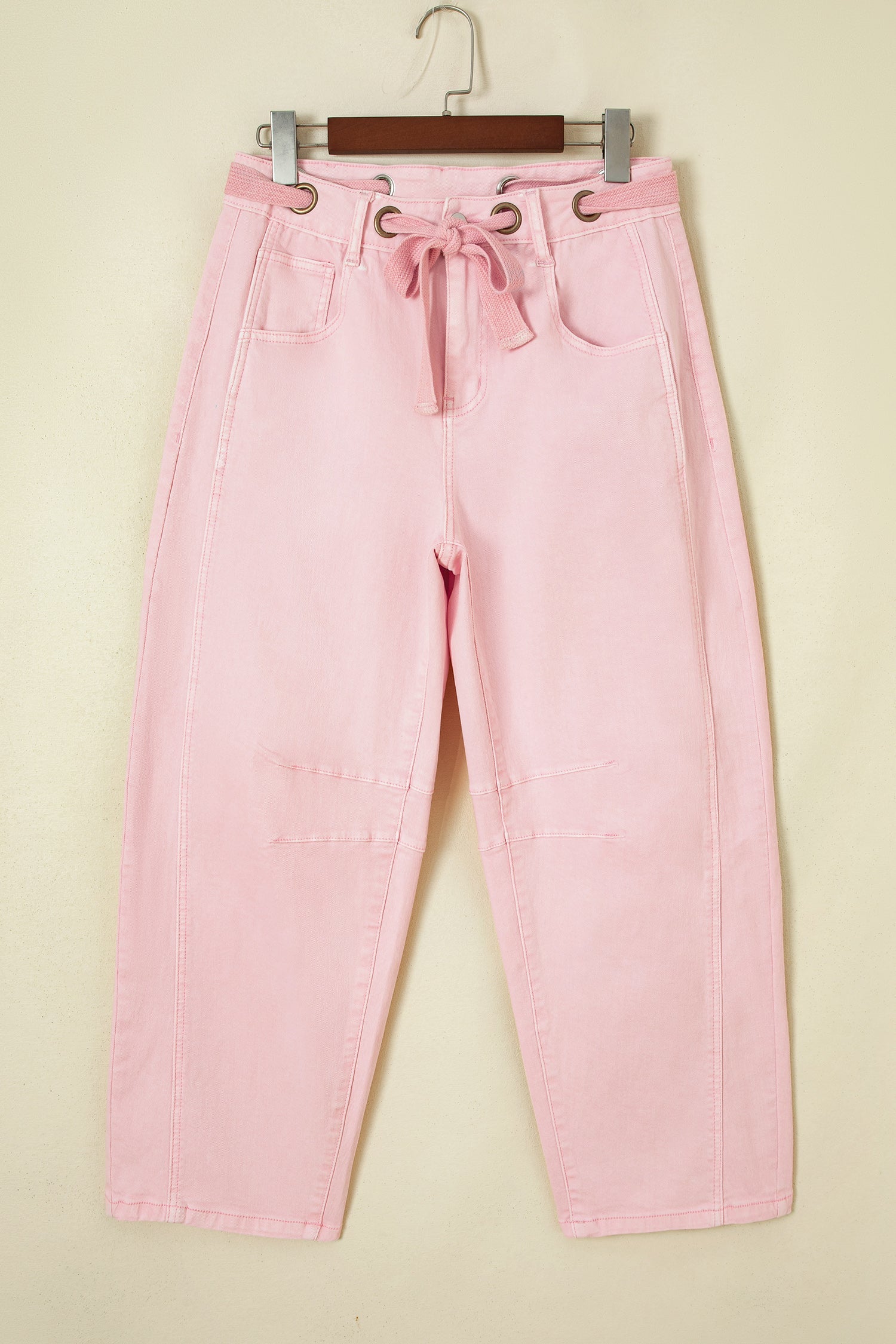 Grommet Detail Solid Detail Knot Waist Barrel Jeans in Light Pink