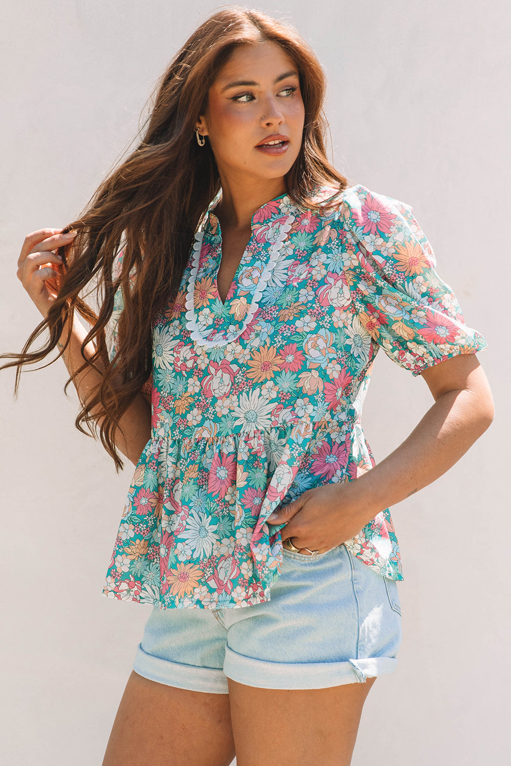 Notched Neck Puff Short Sleeve Floral Blouse