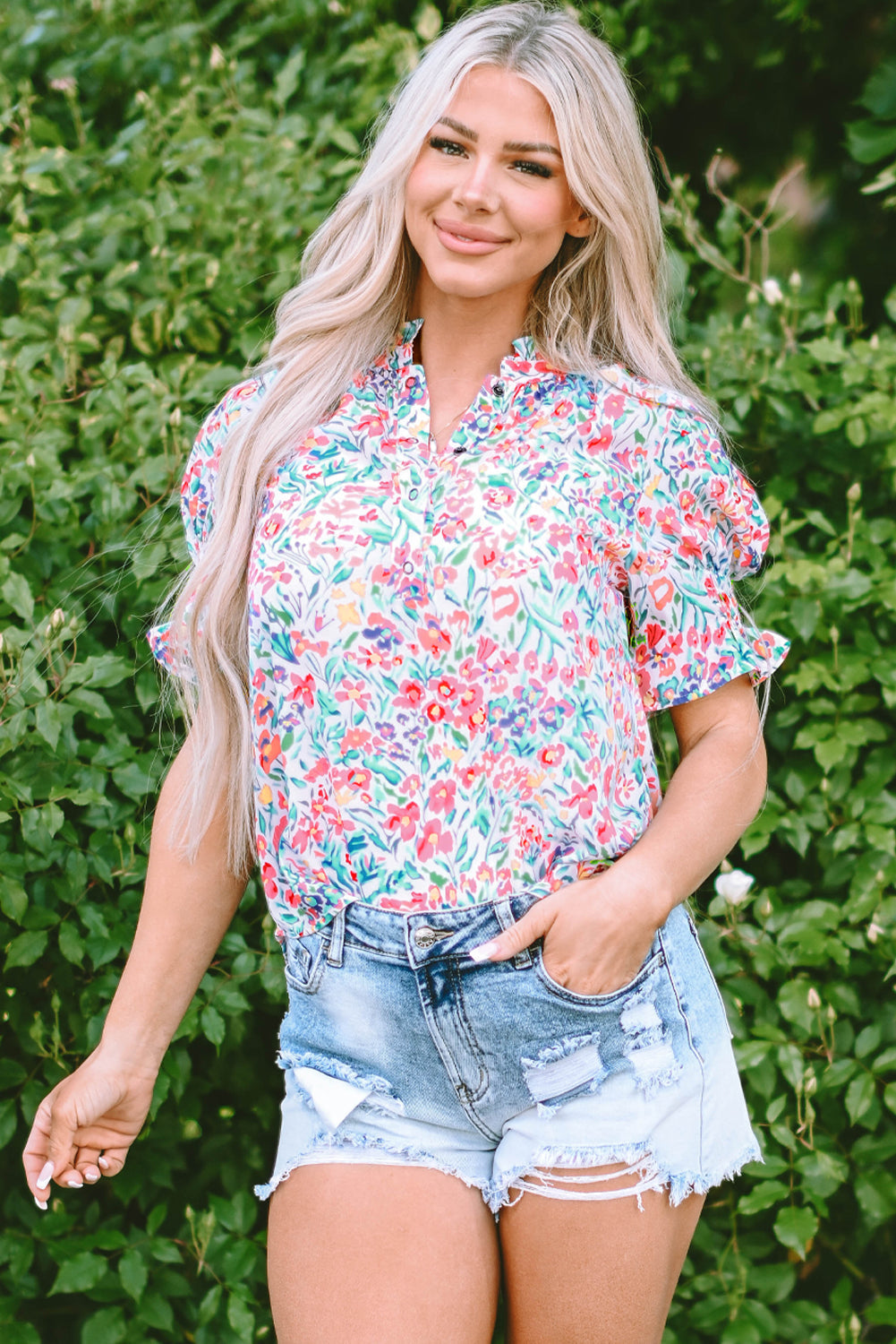 Women's Floral-Print Print Split Neck Balloon Sleeve Blouse