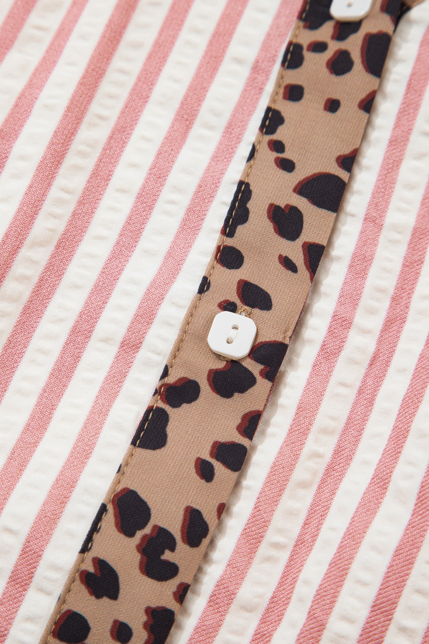 Stripe Square Button Leopard Trim Loose Bracelet Sleeve Shirt Dress in Pink