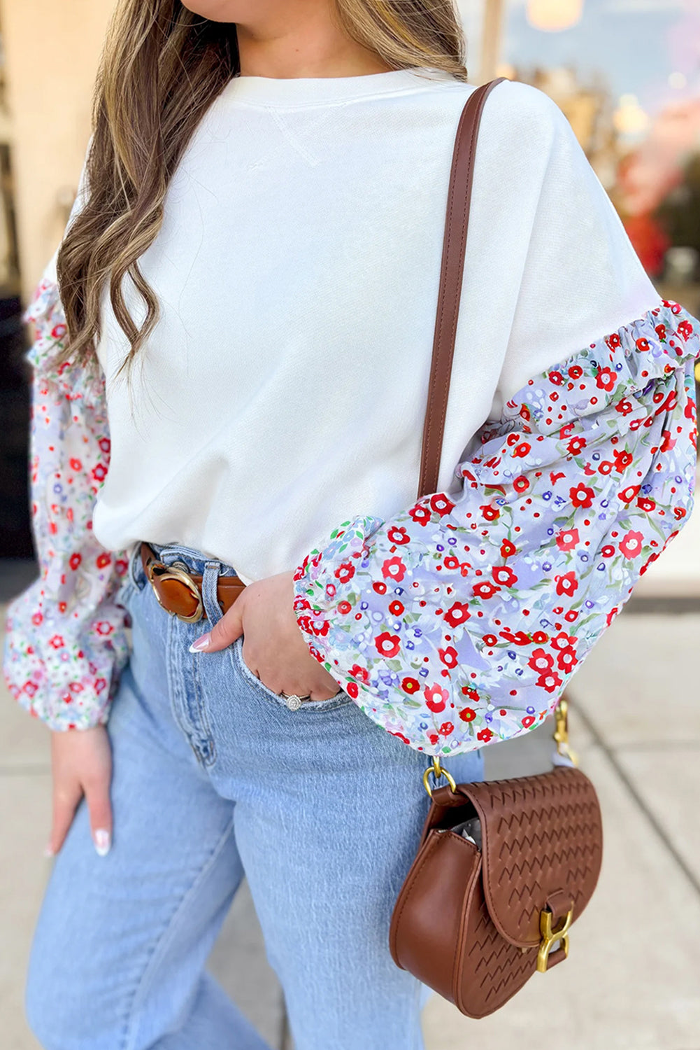 Ruffled Balloon Floral Balloon Sleeve Patchwork Loose Blouse