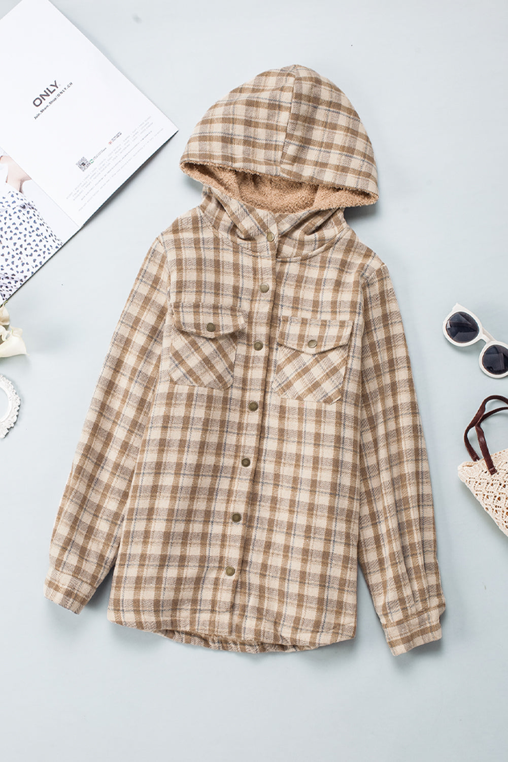 Women's Shacket Featuring Sherpa Lined Hooded Plaid Pattern