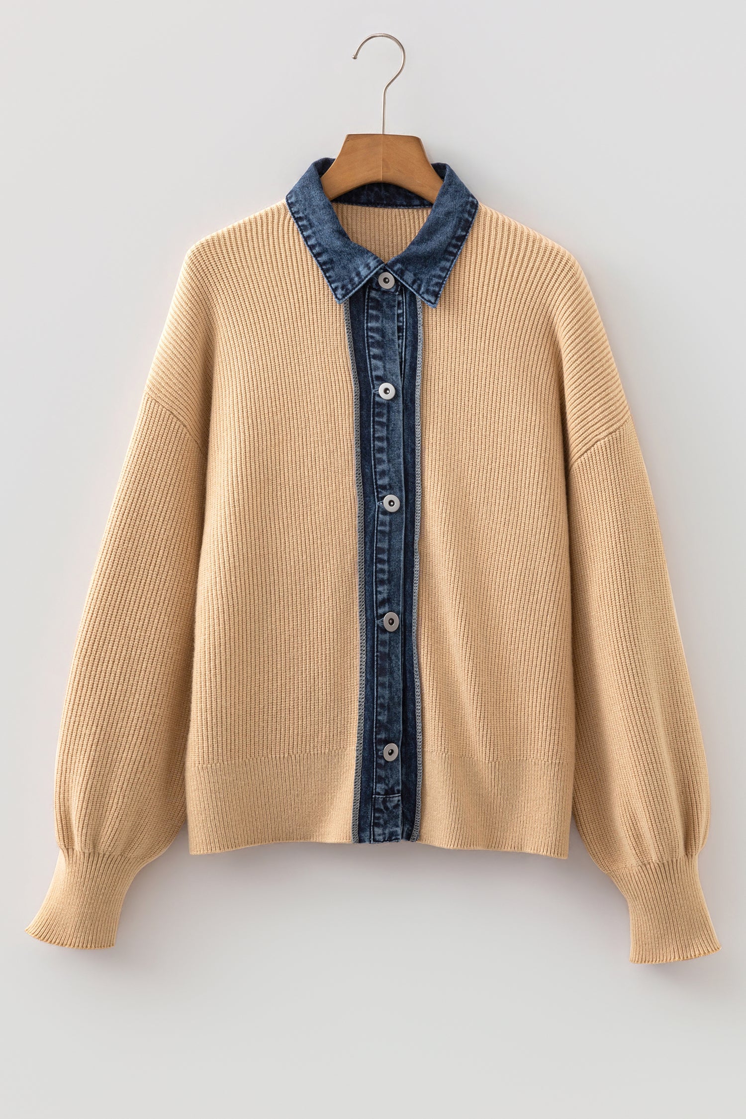 Shirt Placket Paneling Collar Long-Sleeved Cardigan in Parchment