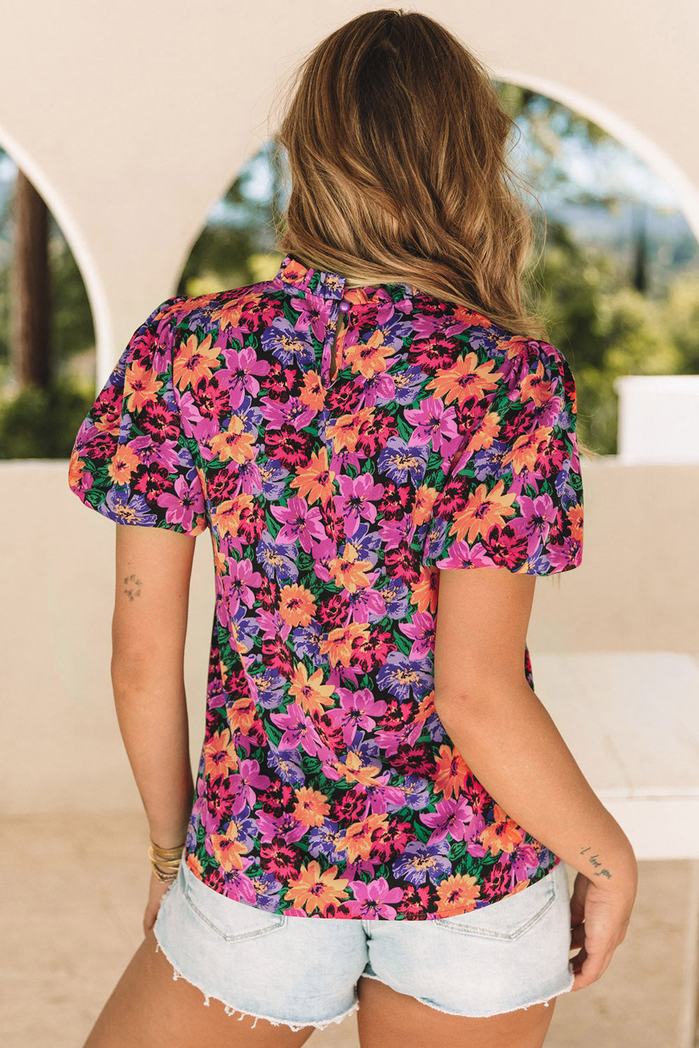 Women's Blouse with Floral-Print Round Neck Balloon Sleeve