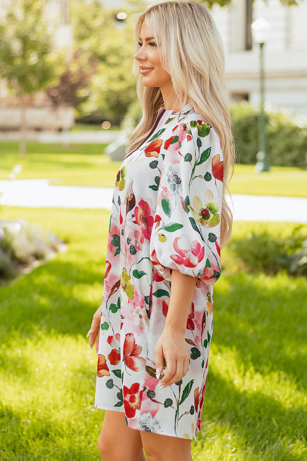 Floral V-Neck Contrast Striped Puff Half Sleeve Shift Dress