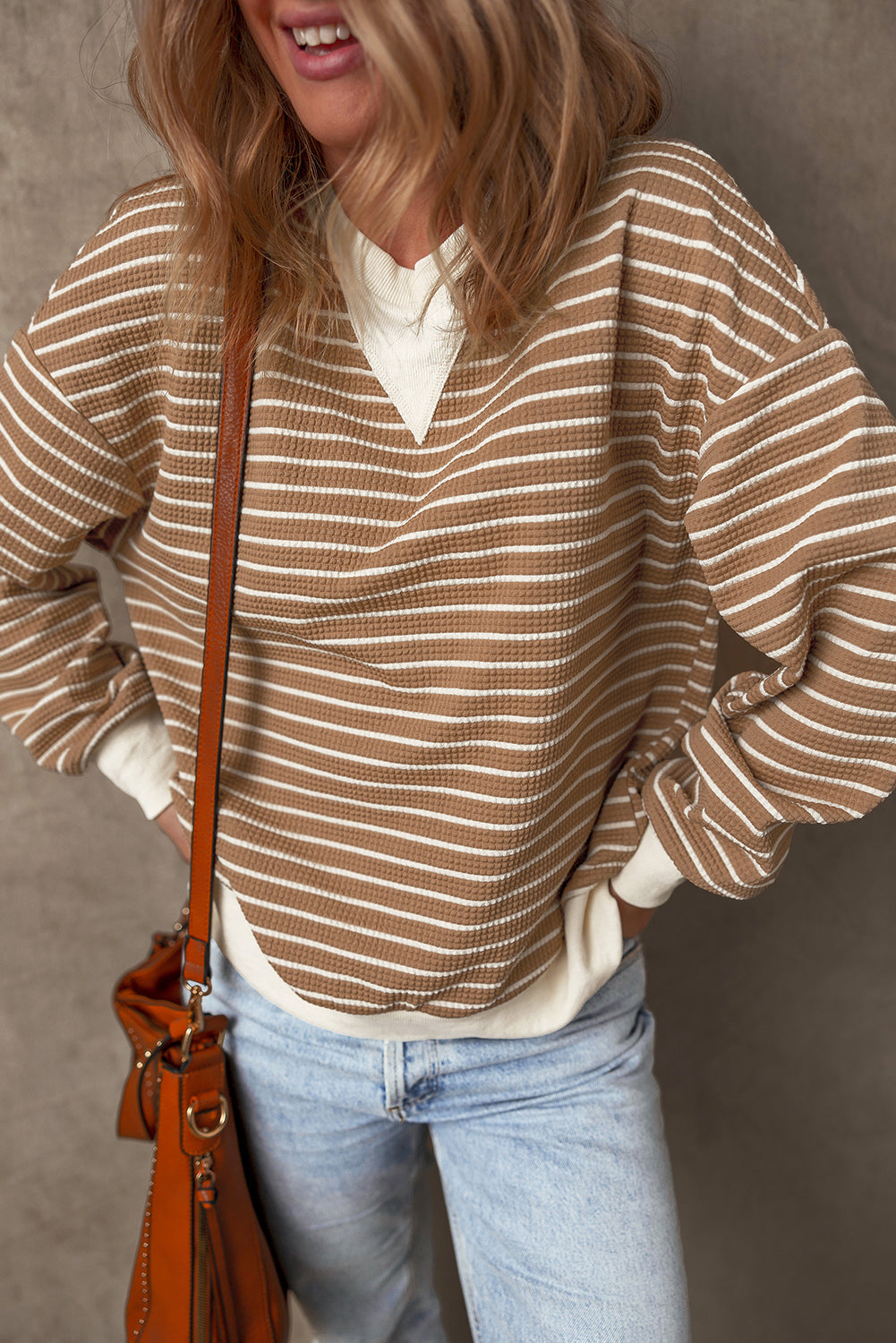 Patched Edge Textured Round Neck Long Sleeve Top