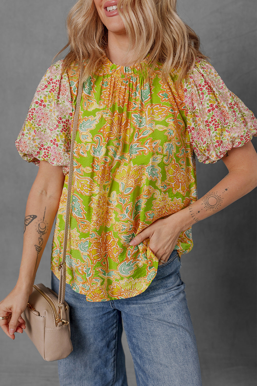 Printed Contrast Bubble Sleeve Patchwork Blouse