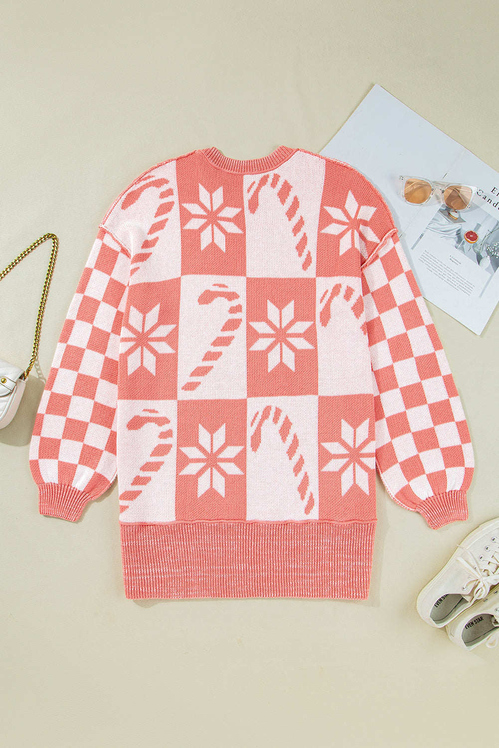 Snowflake Checker Candycane Checker Christmas Holiday Drop-Shoulder Tunic Loose Knit Top