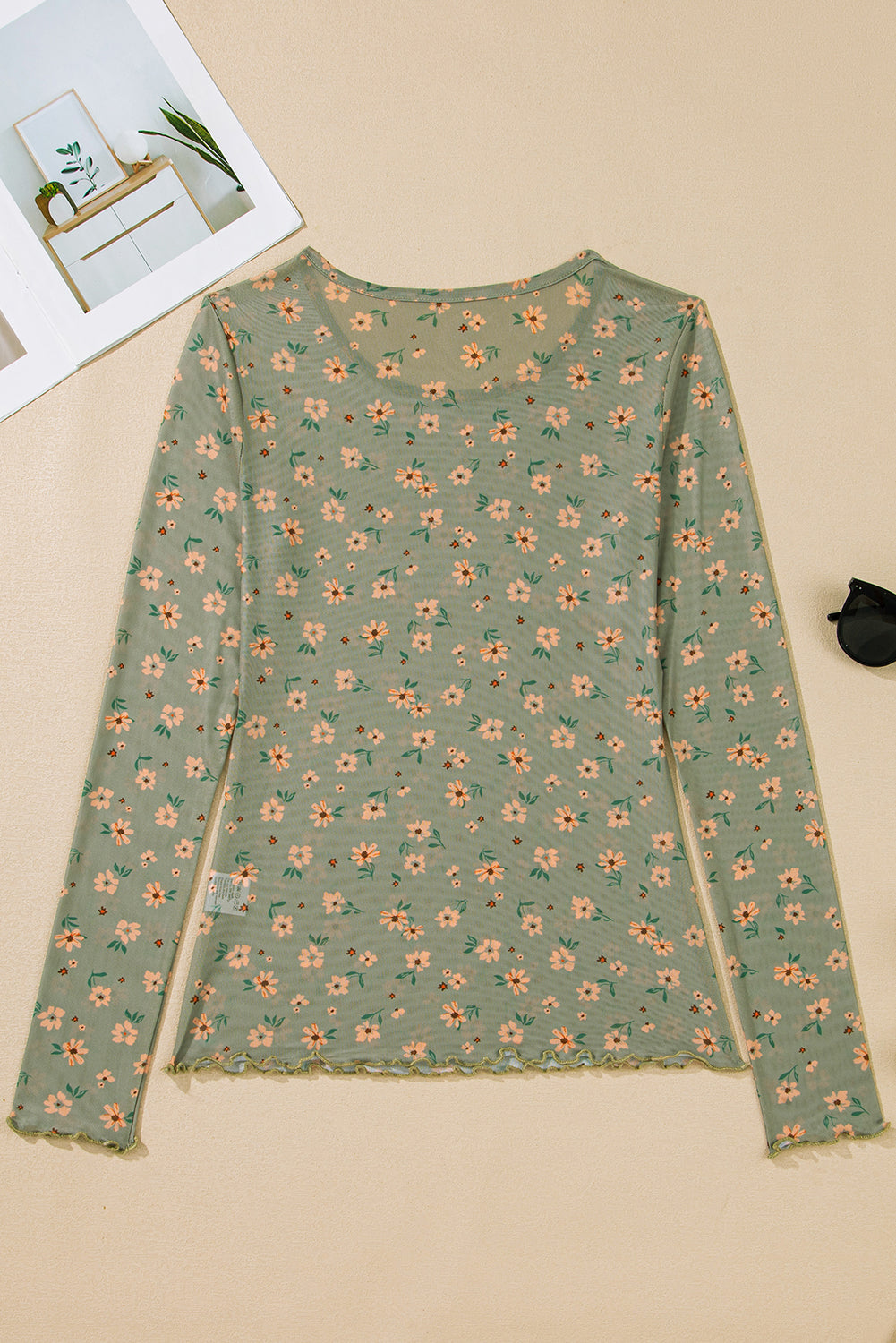Retro Style Floral-Print Southern Mesh Long-Sleeved Top