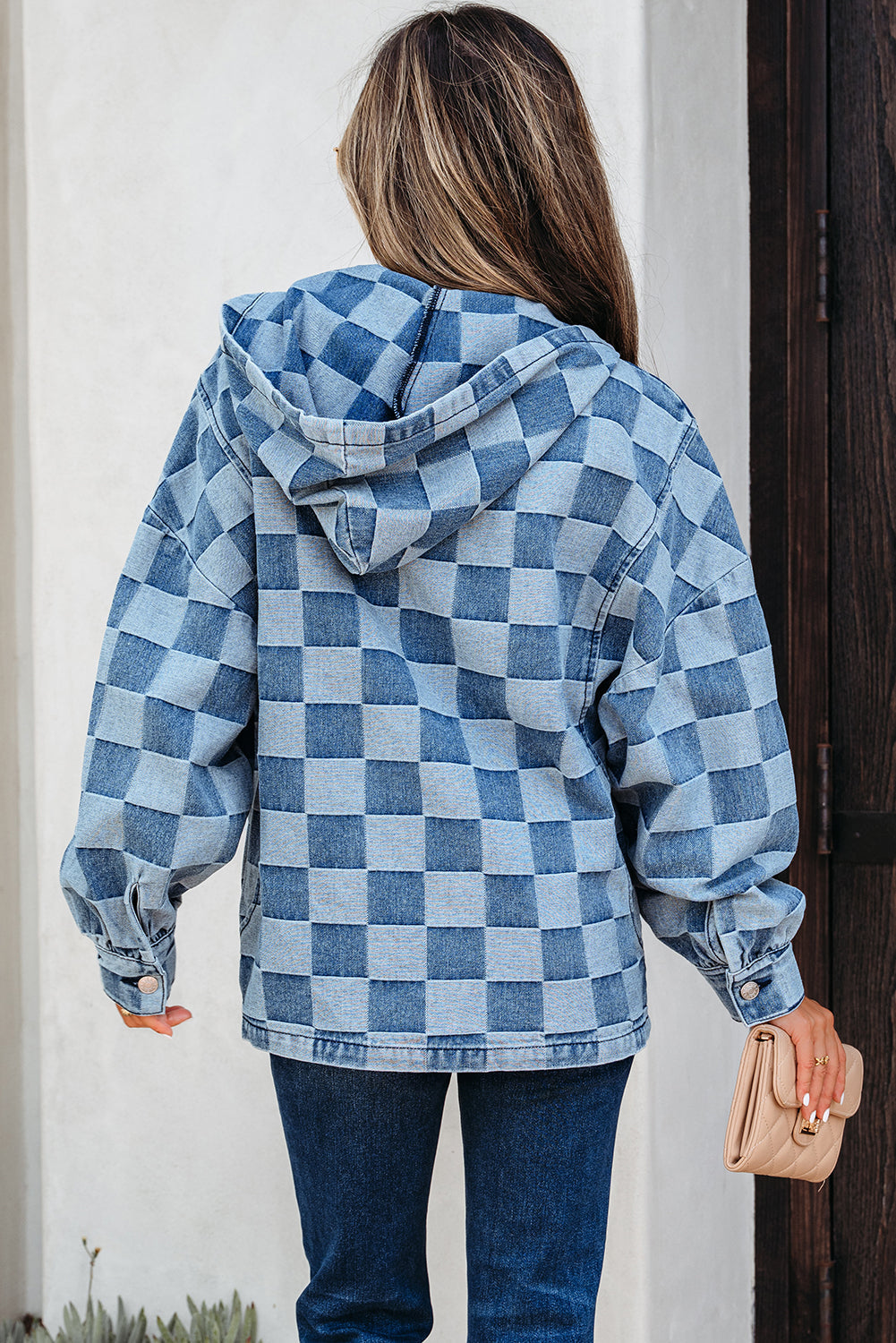Neck Checkerboard Zip Kangaroo Pocket Denim Hoodie