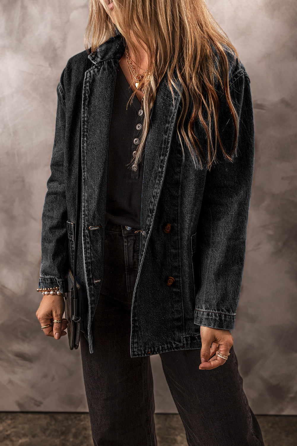 Denim Jacket with Side Pockets Lapel Collar
