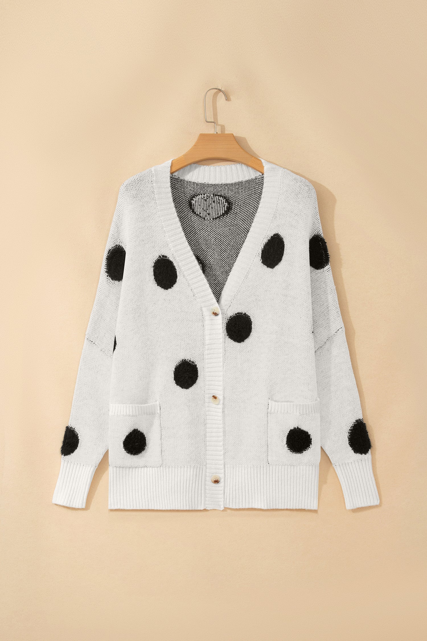Front Polka-Dot Button Roomy V-Neck Cardigan in Beige