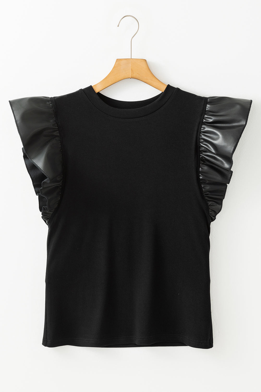 Black Leather Ruffle Sleeve Patchwork Blouse