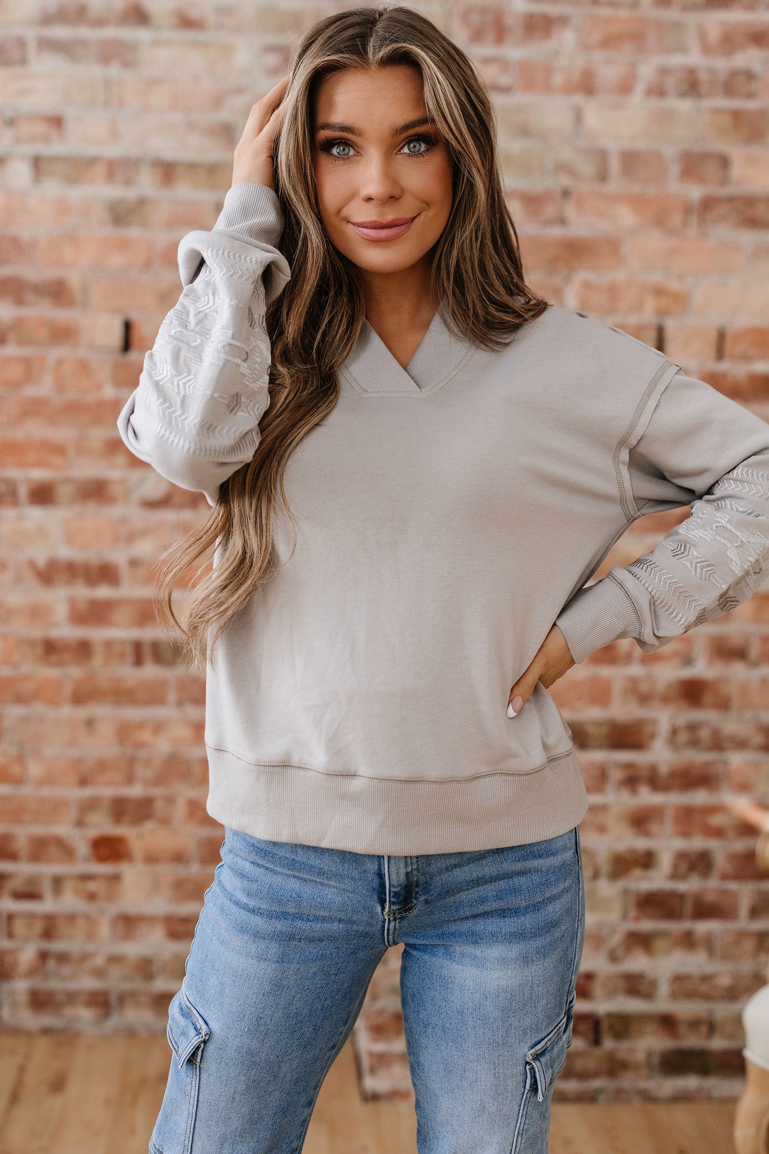 Aztec Embroidered Western V-Neck Sweatshirt