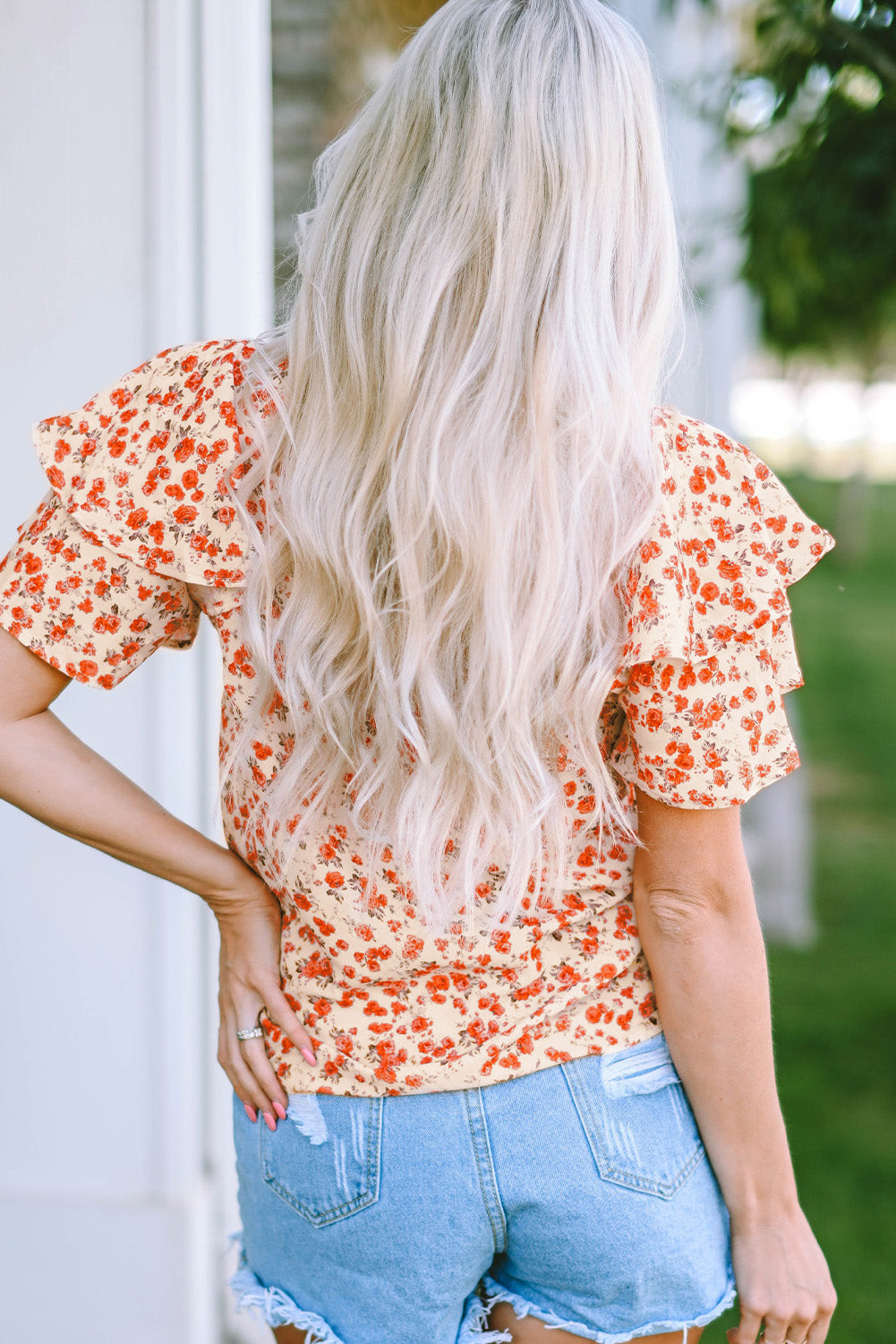 Blouse for Women Layered Flutter Sleeve Floral-Print