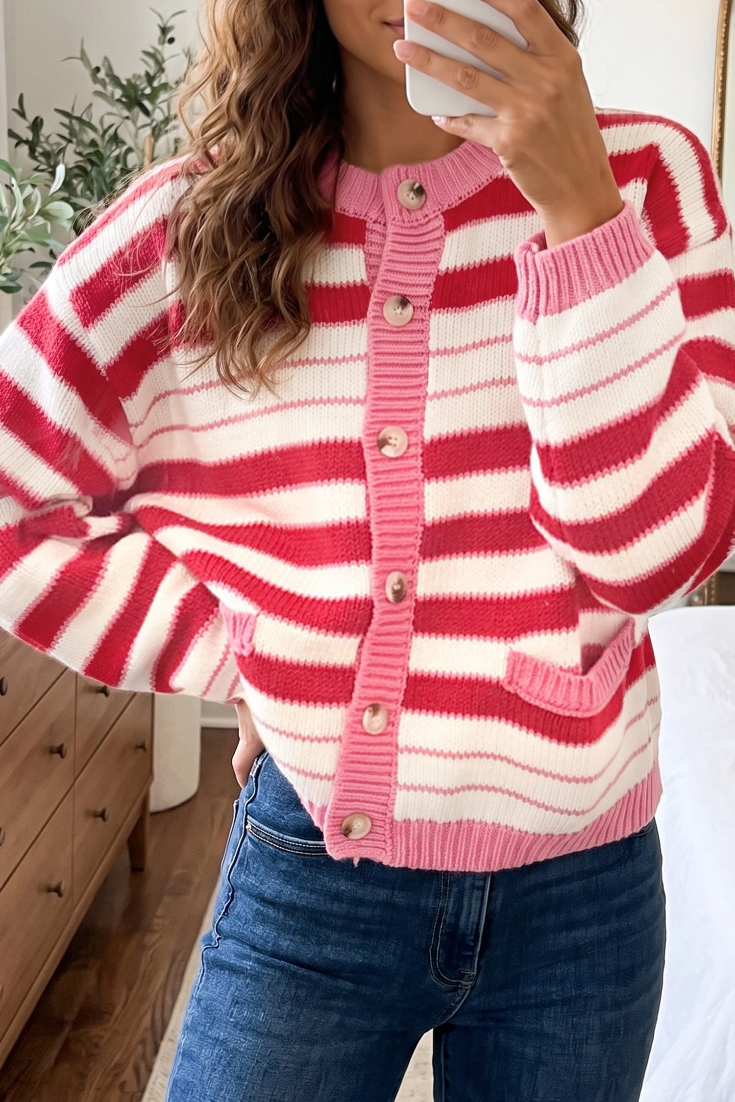 Long-Sleeved Stripe V-Neck Timeless Fit Cardigan in Red