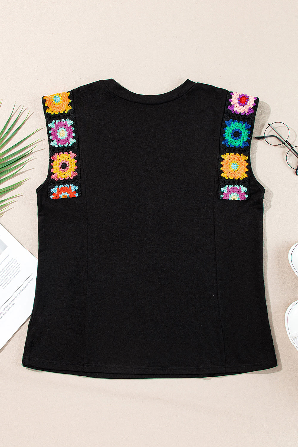 Floral Crochet Patched Sleeve Crew Neck Casual Tank Top