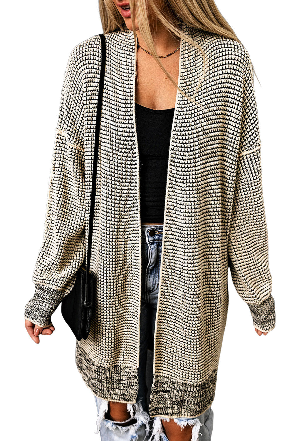 Cardigan for Women Plaid Knitted Long Open Front Apricot