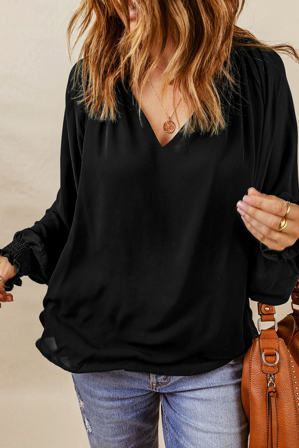 Women's Blouse with Pleat-Detail V Neck Puffy Sleeve