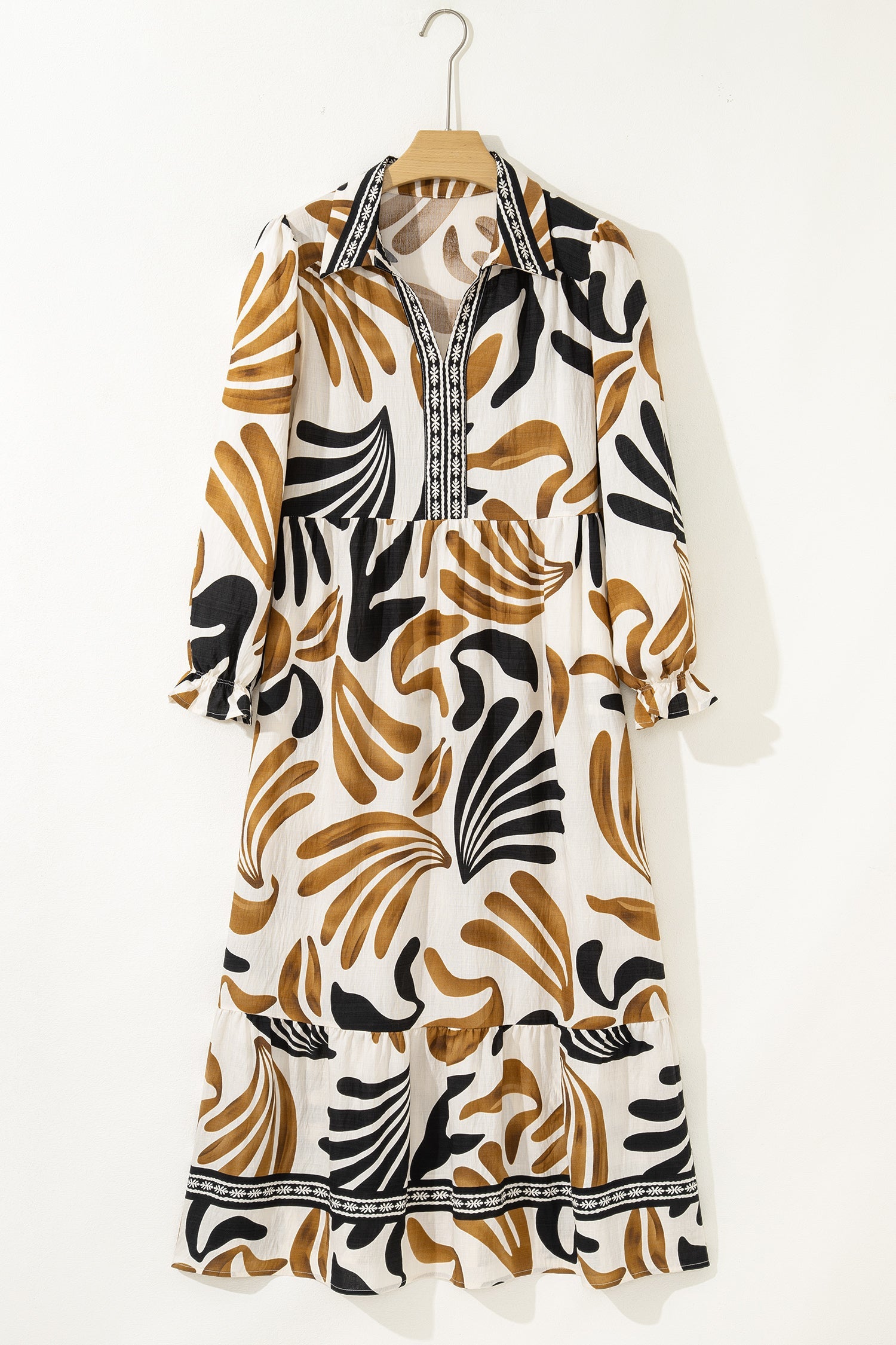 Printed Contrast Tropical Contrast Trim Neck Long-Sleeved Ruffle Hem Dress