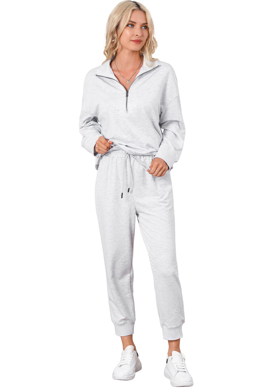 Zip Solid Half Drawcord High-Waisted Lounge Set