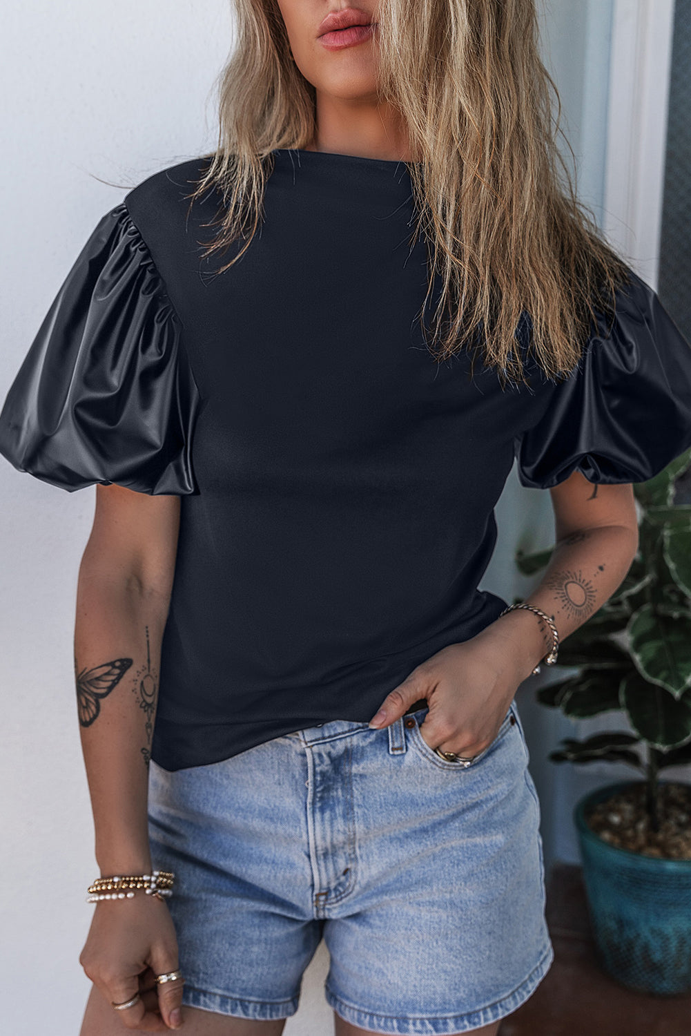 Women's Puff Mock Neck Faux Leather Top