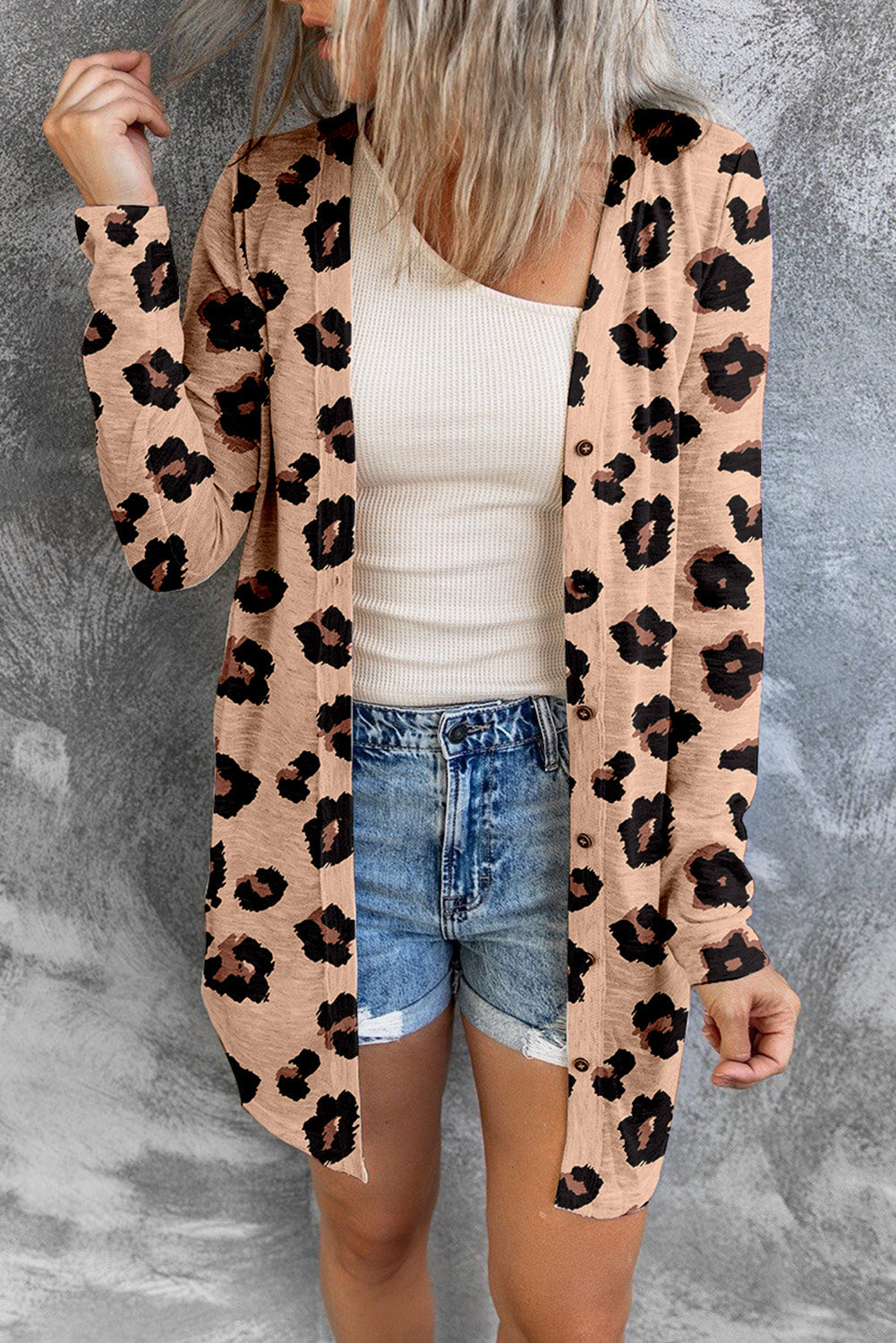 Women's Cardigan with Open Front Leopard-Print Printed