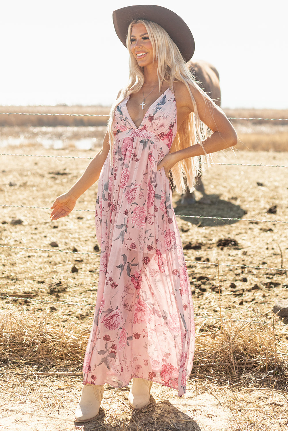 Pleated Bust Floral Bust Deep V Empire Waist Backless Maxi Dress