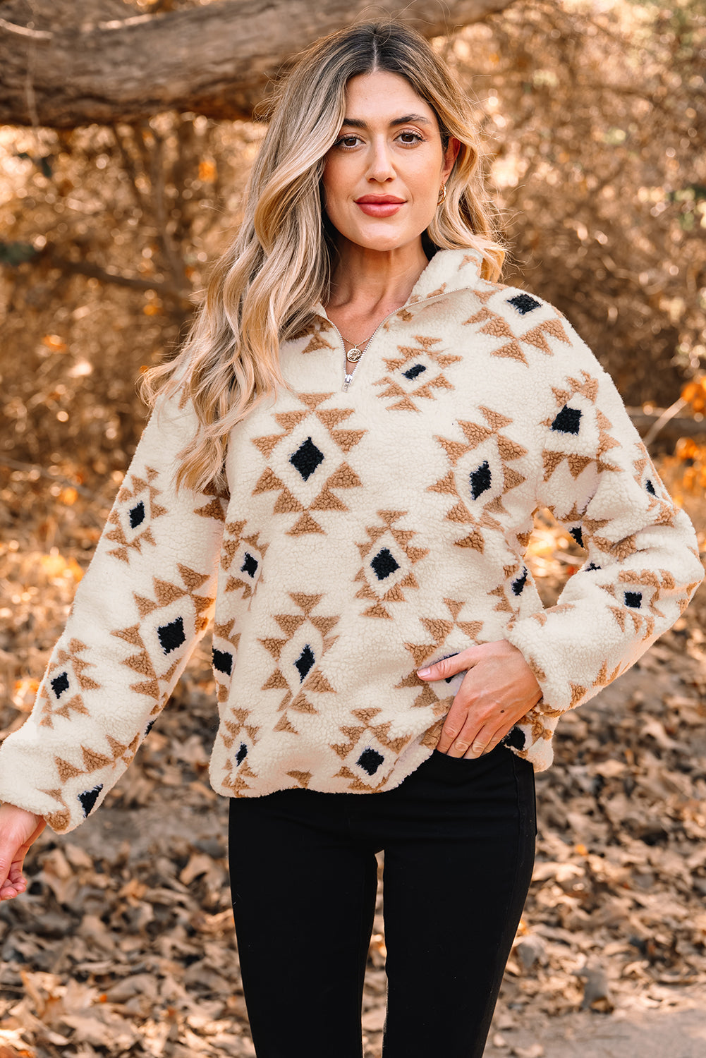 Aztec Print Sherpa Quarter Zip Collar Sweatshirt