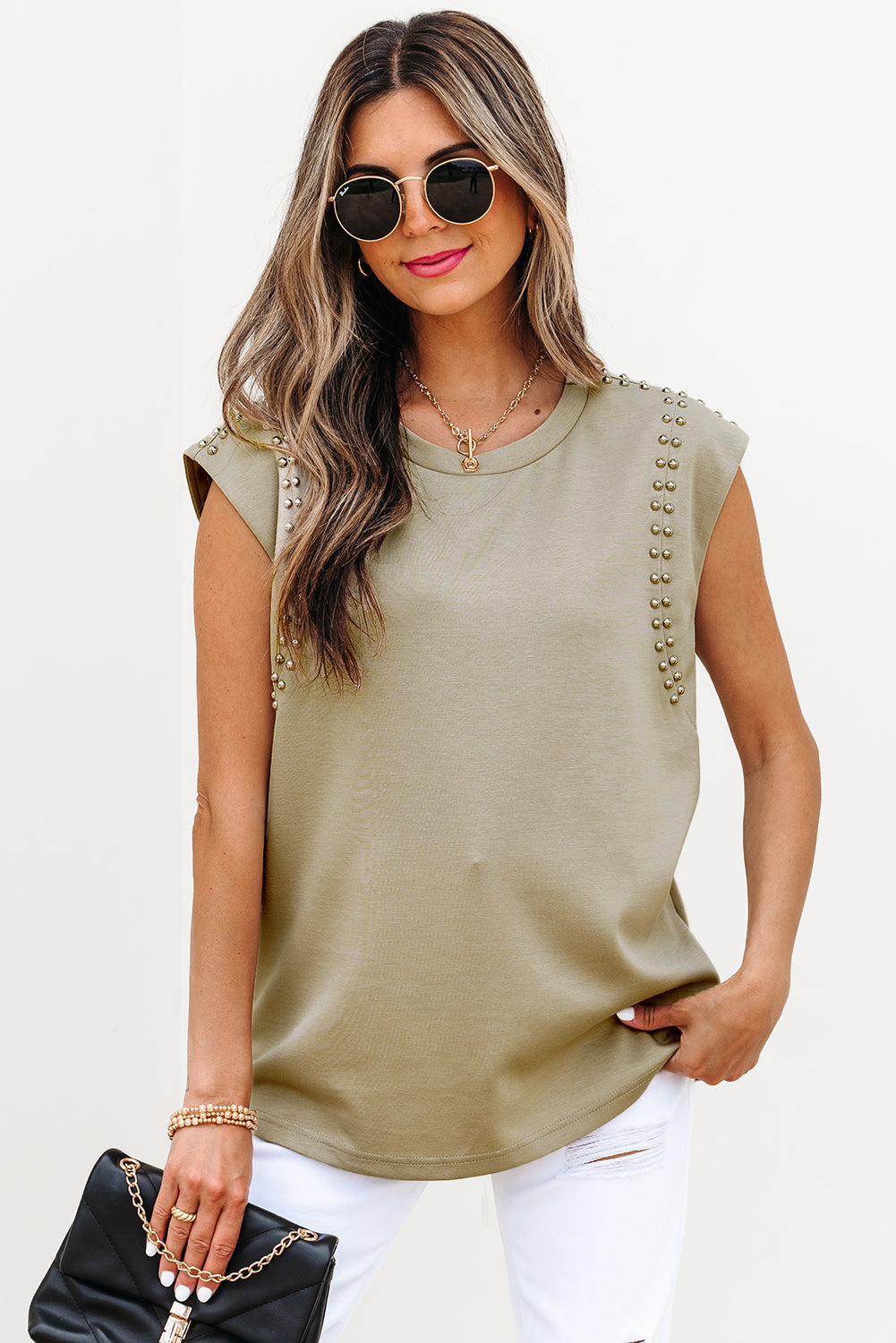 Studded Cap Sleeve Round Neck T Shirt