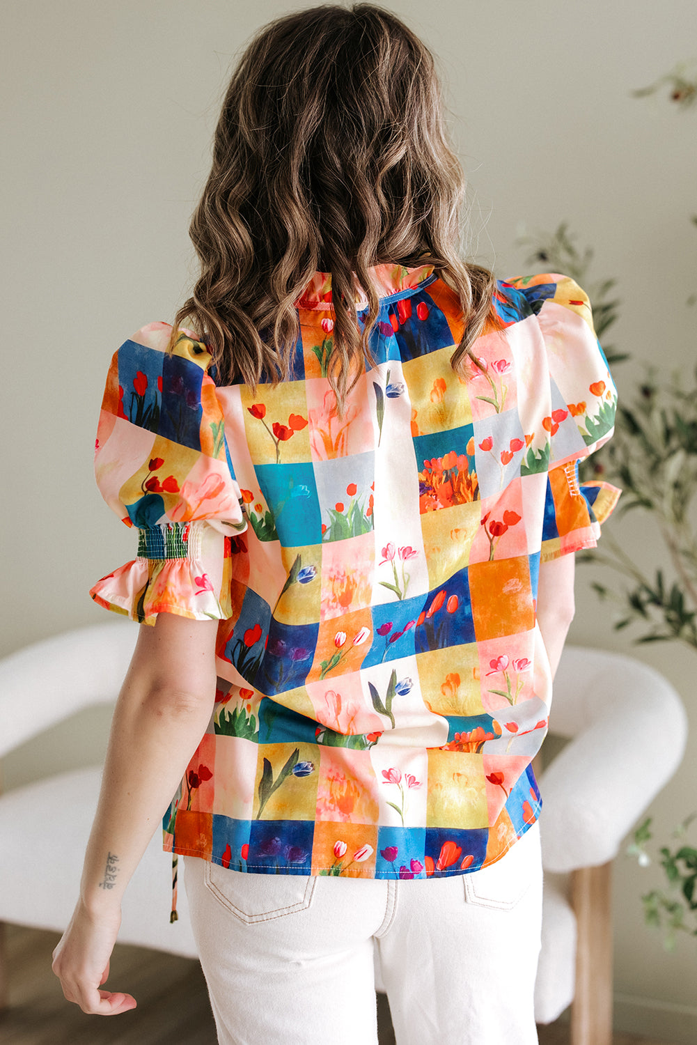 Floral Checker Print Ruffled Short Puff Sleeve Blouse