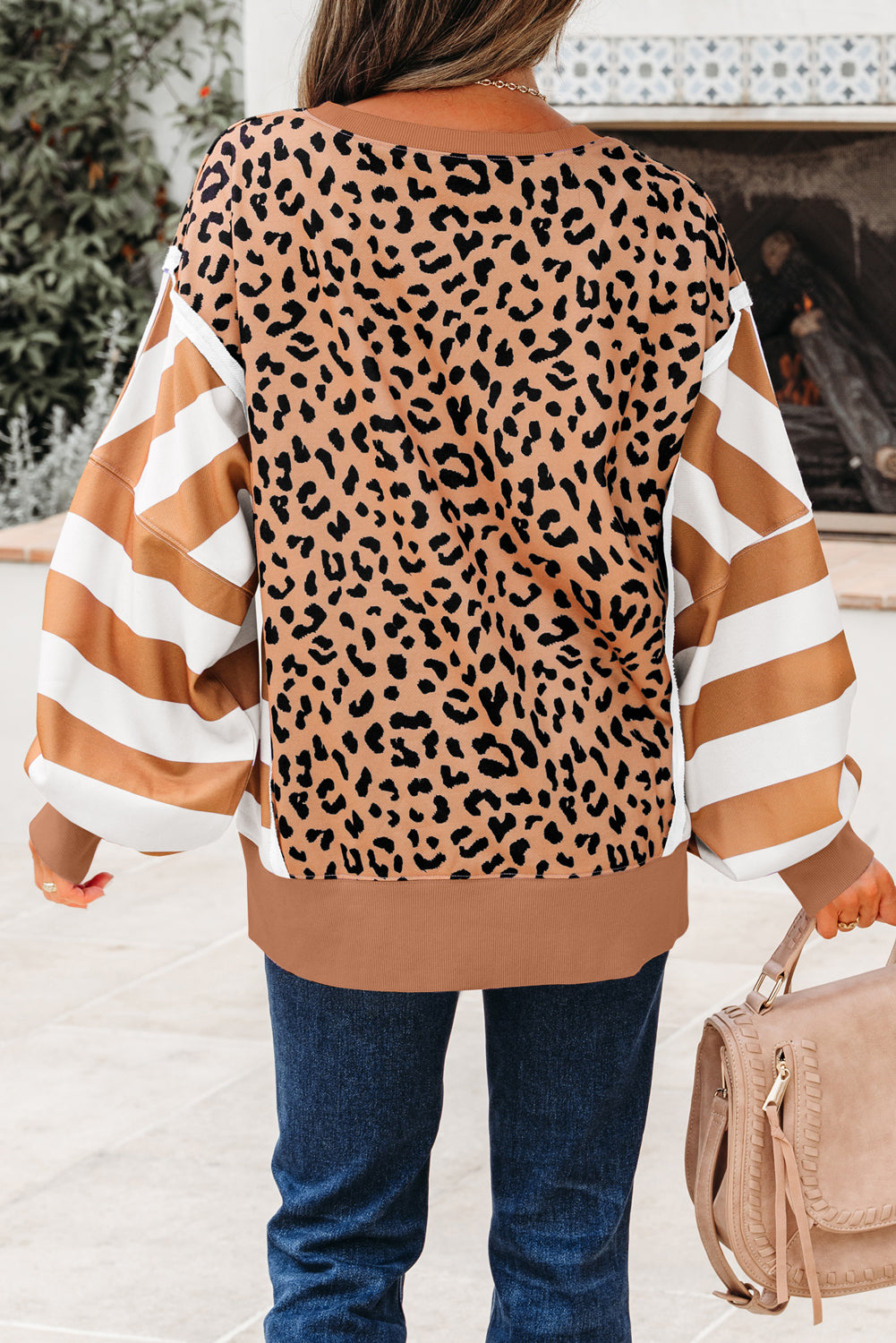 Patchwork Leopard Colorblock Leopard Everyday Sweatshirt with Slits