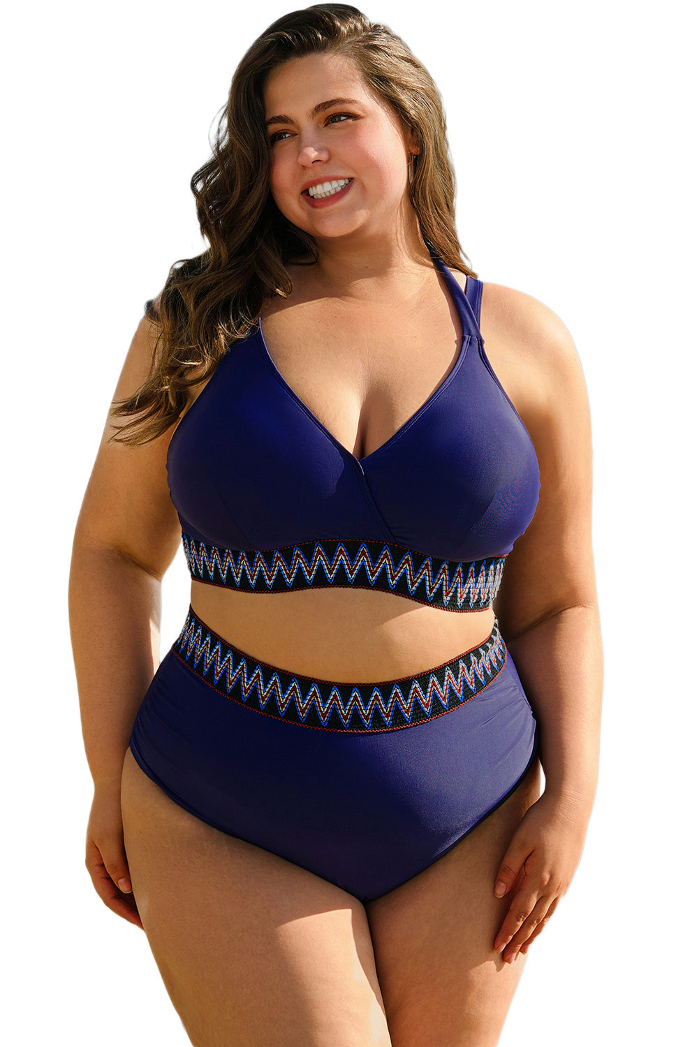 Embroidered Trim Wrap Tie Knot Plus Size High Waisted Bikini