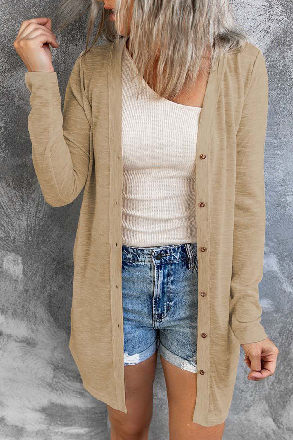 Women's Cardigan with Open-Front Buttons Brown Solid Color