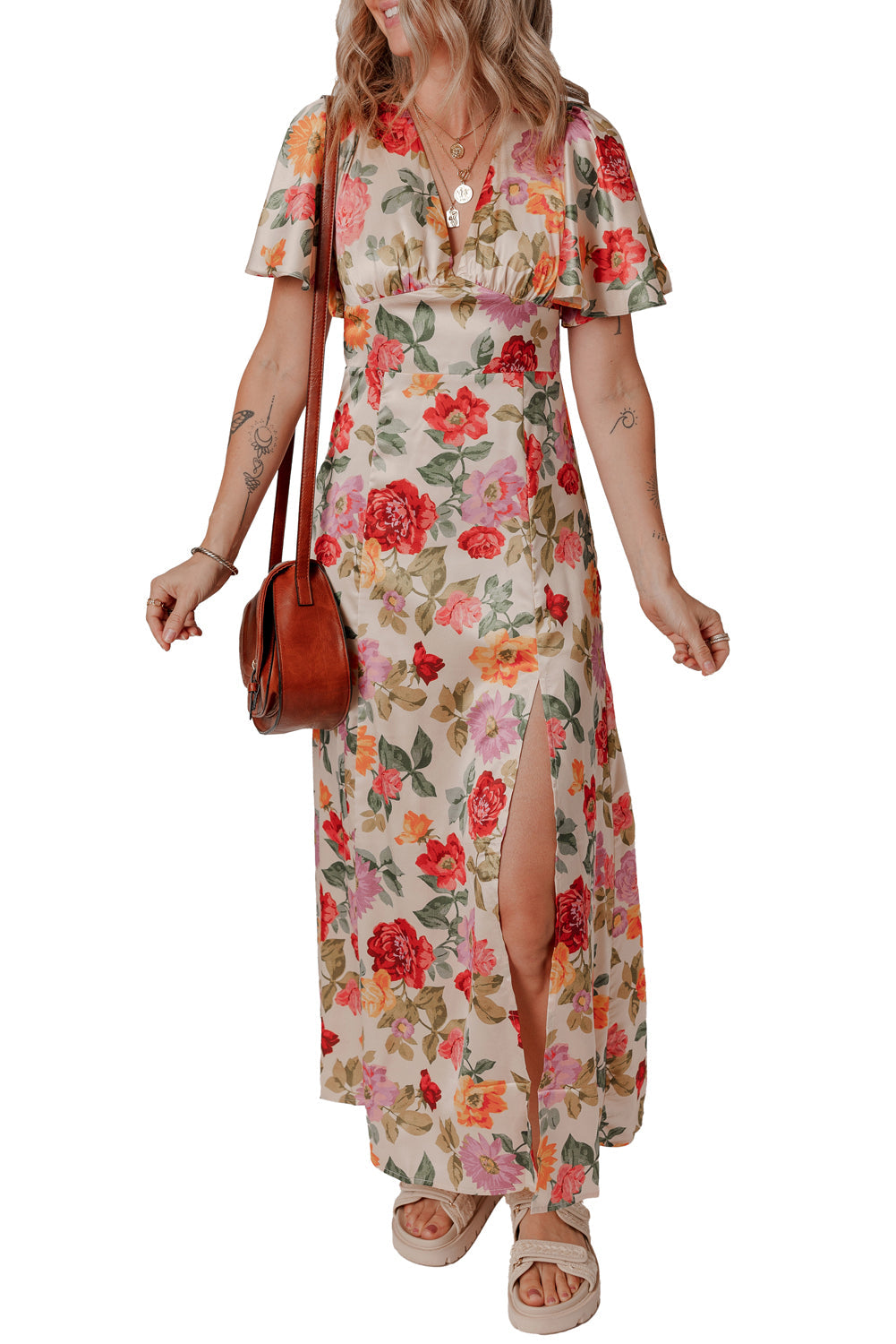 Vintage Floral V Neck Tie Back Long Slit Dress